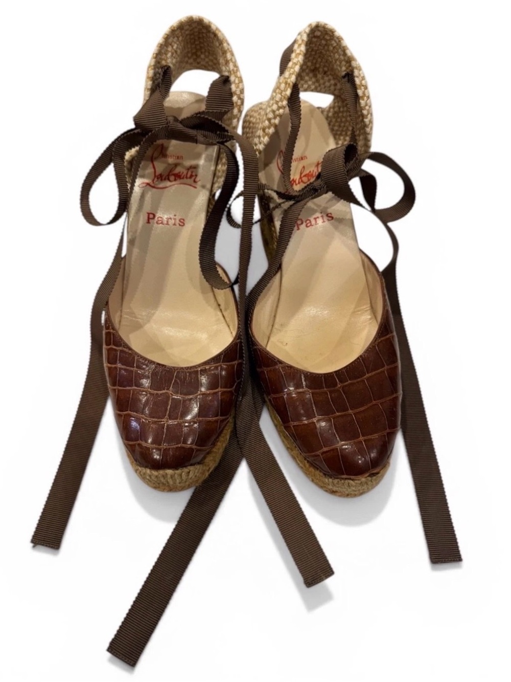 Authentic Christian Louboutin Brown Croc-Embossed Espadrilles with Ankle Ribbons